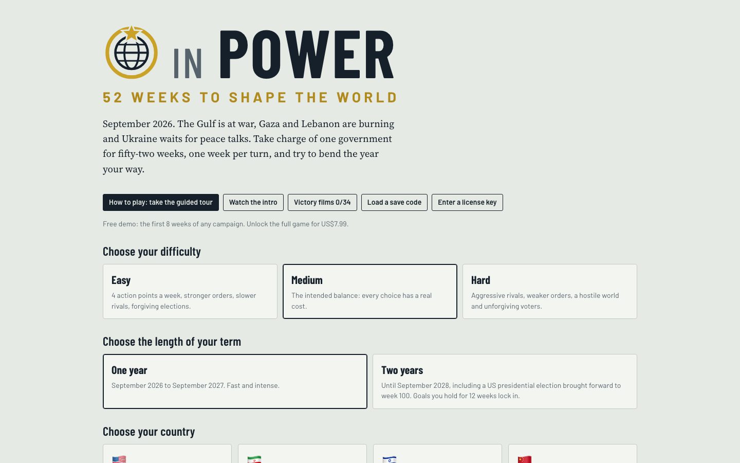 In Power start screen with difficulty and term length options